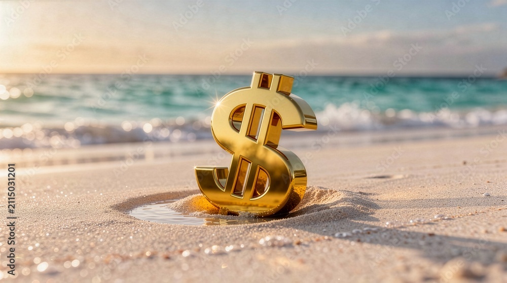 Obraz premium Sparkling gold US dollar currency symbol sitting on tropical beach sand by the sea, perfect for wealth creation, passive income, travel budgeting, and global investment concepts.
