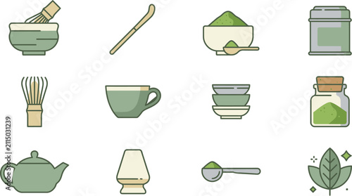 Flat vector set of matcha tea preparation tools including whisk bowl scoop and powder in a clean modern style