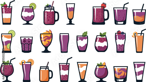 Large set of flat vector icons showing various layered fruit smoothies in different glass shapes and sizes
