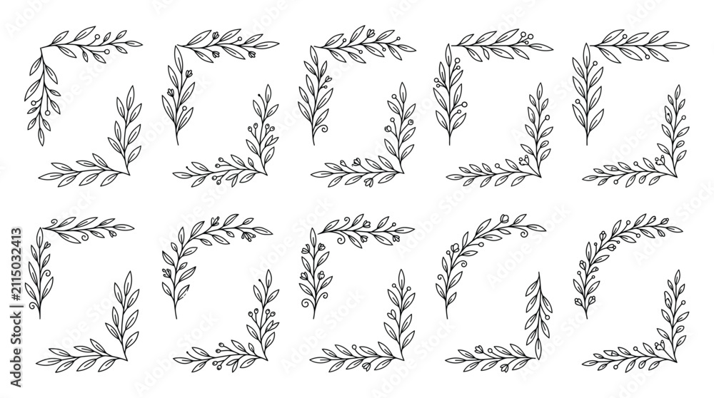 Fototapeta premium Set of hand drawn floral corner frames, decorative botanical elements for wedding design
