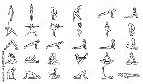 Minimal Continuous Line Yoga Pose Vector Set with Wellness Exercise Illustrations