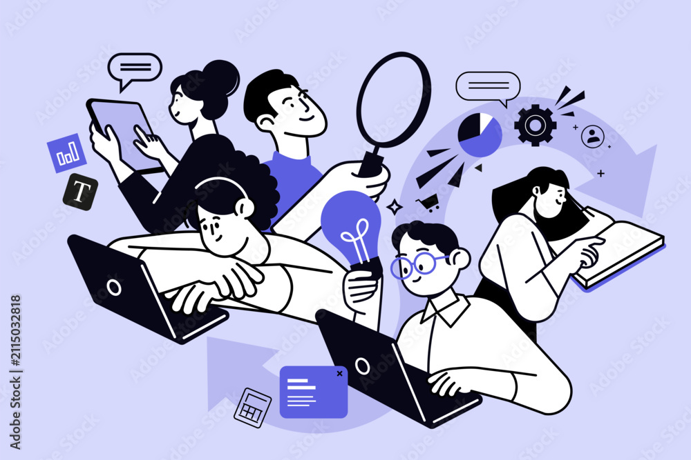 Obraz premium Creative business concept of teamwork and project management. Vector illustration for web banner, social media banner, business presentation, marketing material.