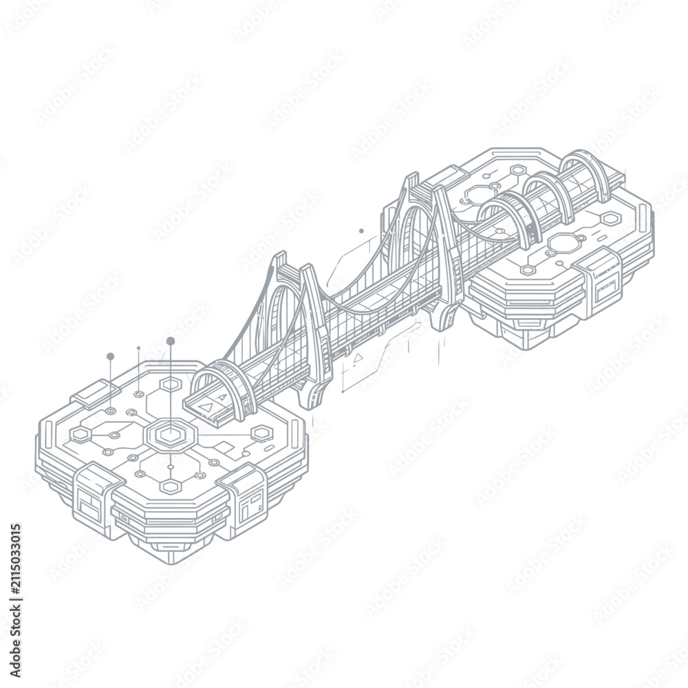 Obraz premium Futuristic Isometric Suspension Bridge Connecting Floating Sci-Fi Platforms Technical Line Art