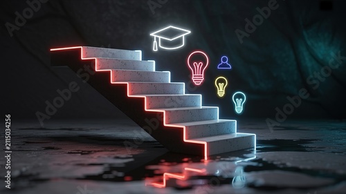 Concrete staircase with glowing neon education and idea