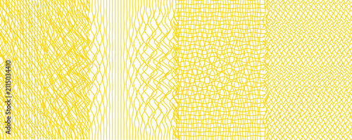 Yellow hand drawn hatch patterns, set of 4 organic scribble textures, abstract line art backgrounds for graphic design, vector pencil shading elements