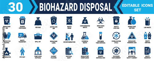 Set of thirty flat vector icons for medical biohazard waste disposal and laboratory safety management Minimal solid fill icon set bundle collection. Editable Vector Illustration Mega pack