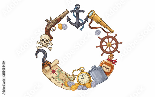 Pirate themed illustration featuring vintage nautical and treasure symbols collection