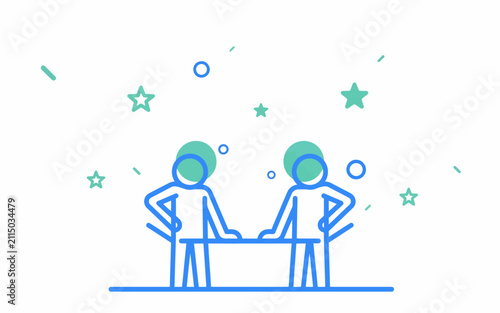 Two stylized stick figure people sitting at a table together