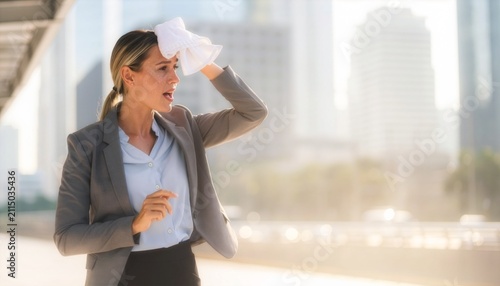 Exhausted businesswoman wiping sweat from her forehead with a towel during a hot summer day in the city, representing heatwave, high temperature, urban global warming, and work stress.