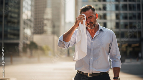 Exhausted mature businessman wiping sweat from his face with a towel during intense summer heat in the city, representing urban heatwave, heavy sweat stains, and corporate job stress.