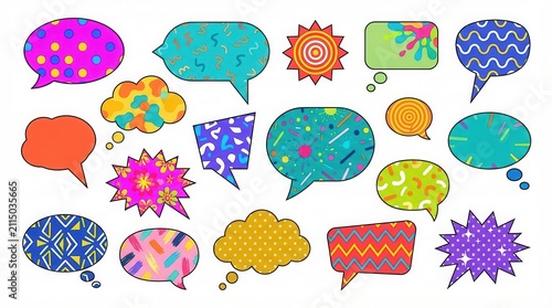 Retro pop art speech bubbles set, colorful comic book thought clouds with 90s patterns, vibrant 18 piece chat icons collection