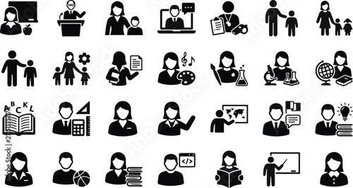Set of education and school icons for teacher's day celebration featuring various classroom activities and academic symbols