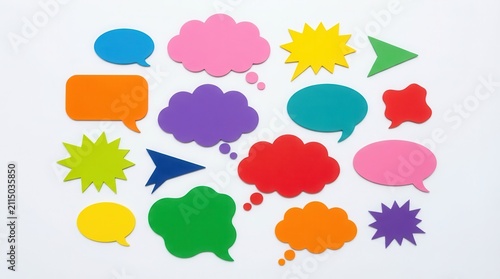 Colorful paper speech bubbles on white background. Vibrant chat clouds and thought bubbles set. Blank communication icons for social media.