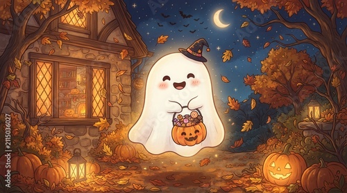 Cute Halloween ghost illustration, friendly spirit trick or treating with pumpkin basket, whimsical autumn night scene with cottage