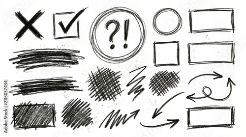 Crayon Scribble Highlight. Hand Drawn Vector Pencil Underline, Rectangle and Oval Borders, Question Mark, Check, Arrows, X. Doodle Chalk Textures Set in Kids Style for Sticker, Poster, Web Design
