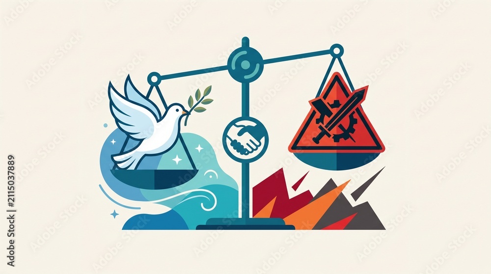 Naklejka premium Conceptual illustration of scale balancing peace dove and conflict symbols, highlighting diplomacy and global harmony.