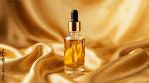 Clear glass serum dropper bottle with gold cap on luxury silk fabric