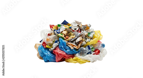A large messy pile of mixed household waste and plastic trash for recycling high quality 4K PNG image in white background