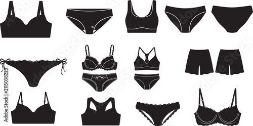 Luxury Women's Lace Lingerie Vector Set. Thongs, Panties and Lace Bras Isolated on White Background.
