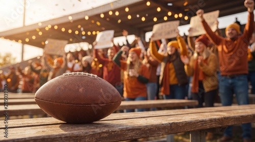 American football sits on a stadium bench with blurred fans celebrating during game day
