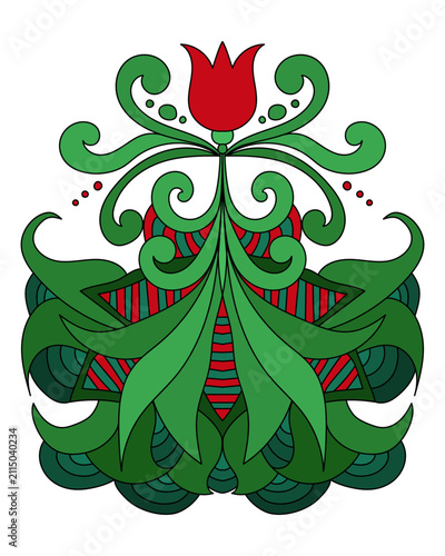 ornate floral element with red tulip, swirling green leaves and intricate decorative patterns vector illustration