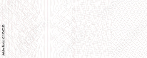 Guilloche pattern vector set, security background for certificate or bank note, pink geometric line art collection, currency protection elements