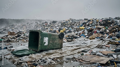 Overflowing Garbage Bin at Landfill Site – Waste Pollution, Environmental Crisis, Global Warming and Waste Management Concept