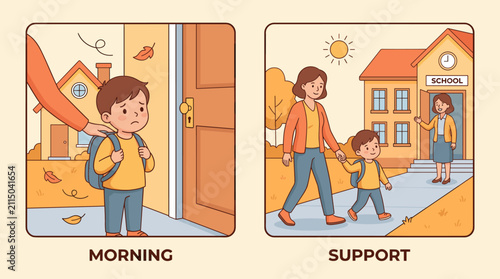 A split illustration showing a sad boy leaving home in the morning and gaining confidence with parental support while arriving at school. Cute flat vector style.