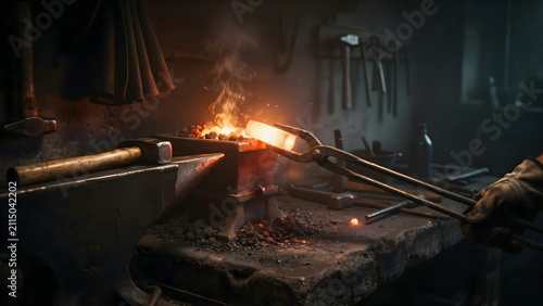 Skilled blacksmith shaping glowing heated metal piece in industrial workshop