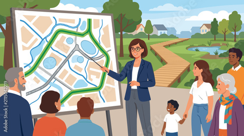A professional woman presents a new urban park development plan on a map to a diverse group of citizens in a sunny outdoor park setting.