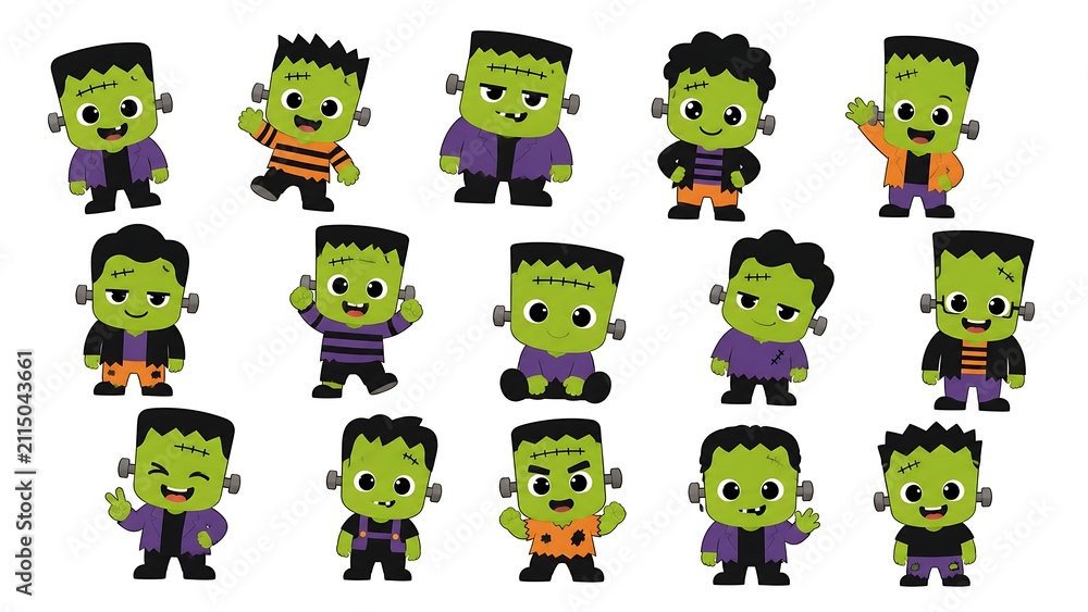 Obraz premium A set of cute cartoon frankenstein monster character illustrations in various poses isolated on a plain white background for halloween decorations
