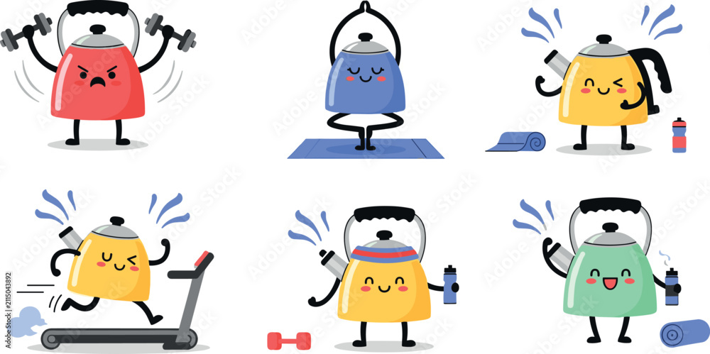 Obraz premium Cute Kettle Workout and Fitness Cartoon Character Set with Treadmill Dumbbells Yoga Mat and Water Bottles for Gym Healthy Lifestyle and Wellness Designs