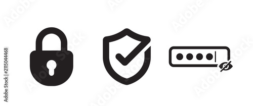 Three black consisting of a closed padlock, a shield with a checkmark, and a password input field with a hidden eye symbol, representing account security