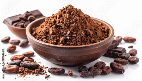 Bowl of cocoa powder with cocoa beans and chocolate chunks, isolated on white