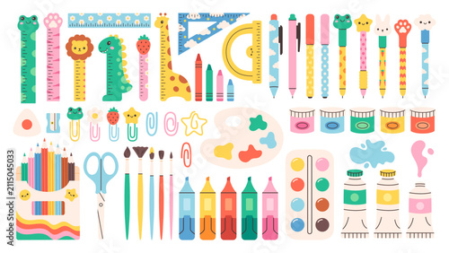 Cute school stationery and art supplies collection. Back to school concept. Flat vector illustration