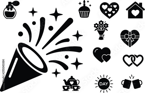 Obraz na plátne Celebration Icons Collection Black Silhouettes On White Background