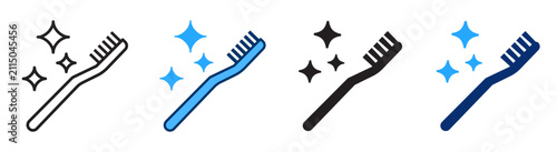 Toothbrush icon with sparkles symbolizing oral hygiene. Brushing pictogram for dental care and daily cleaning. Vector illustration for tooth brushing and dentistry concept.