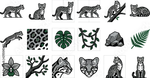 Canvas Print Professional flat vector ocelot icon set featuring various wild cat poses and tr