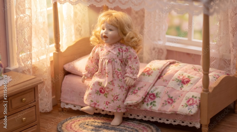 Fototapeta premium Porcelain doll waking up in miniature bedroom