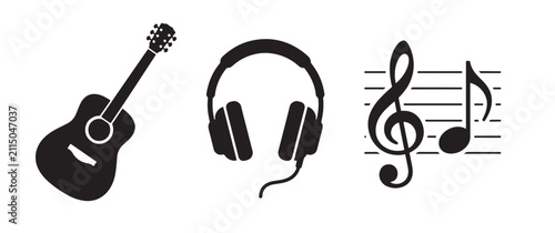 A collection of black music including an acoustic guitar, headphones, and a treble clef on a staff, isolated on a white background, for audio branding