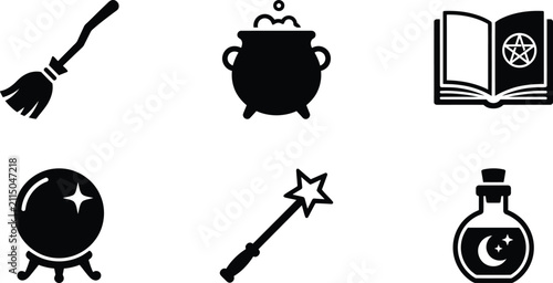 Canvas Print Witchcraft and magic icon set with 6 black vector elements, mystical occult symb