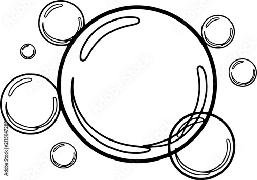 Una línea simple en blanco y negro de una colección de burbujas de jabón flotantes de varios tamaños