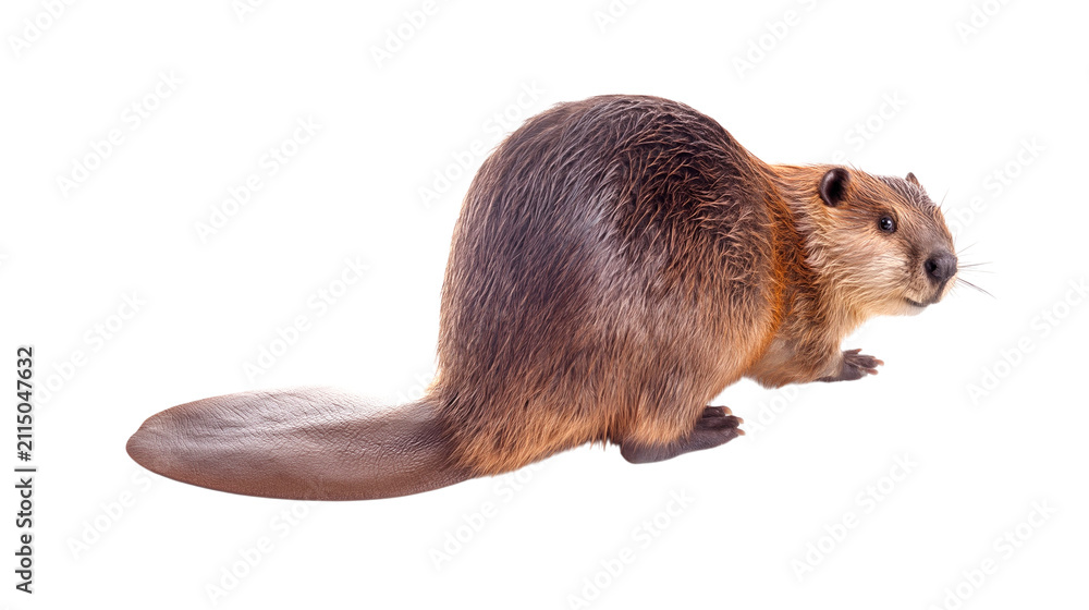 Obraz premium Cute beaver animal face and body standing isolated on transparent background PNG element