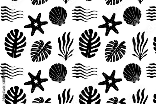 Bild auf Leinwand Patrón continuo con hojas tropicales negras, conchas marinas, estrellas de mar y