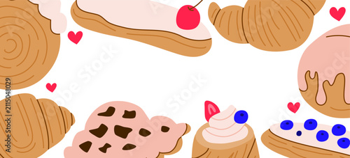 Фотография Horizontal banner with cute hand drawn flat buttery croissants, eclairs and cruffin on white background