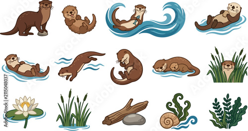 Set of cute otter animal illustrations and river nature elements for organic aquatic themed graphic design projects