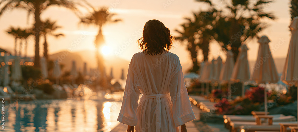 Obraz premium Woman in white robe walking past a swimming pool at a luxurious resort during a vibrant sunset, with palm trees and lounge chairs in the background, exuding peace and elegance