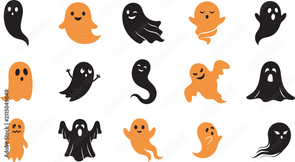 Obraz premium A collection of cute hand drawn ghost illustrations featuring various expressions for fun halloween party decorations and festive seasonal graphic design projects
