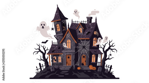 Haunted house illustration features a spooky, dilapidated mansion with ghosts, bats, bare trees, and pumpkins, set against a white background.