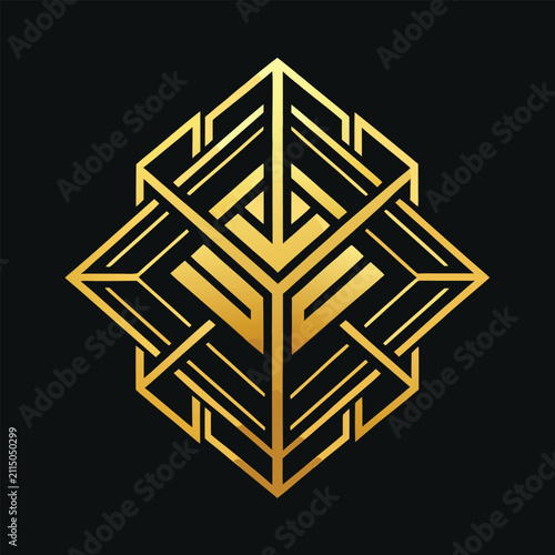 Abstract geometric golden structure icon on black background with geometry abstract structure metallic symmetrical minimalist ornament
